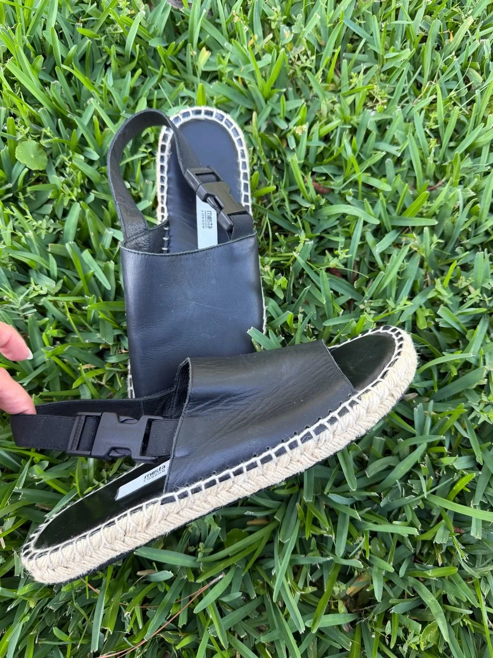 Miista Leather Whipstitch Trim Slingback Flats Espadrille Sandals Black US 8.5